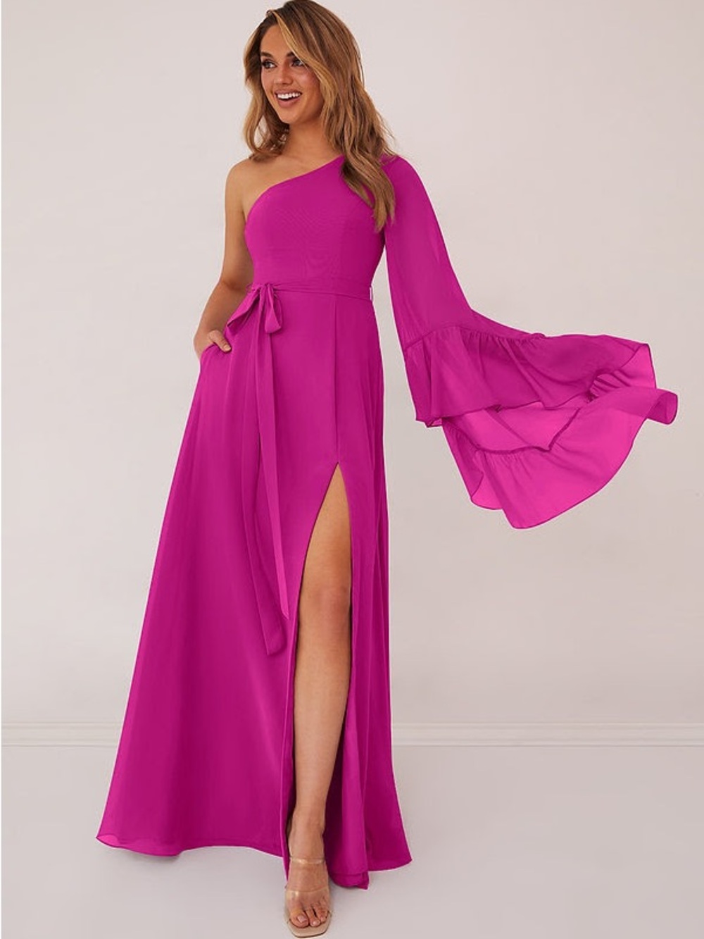 Azazie One-Shoulder Fuchsia Evening Gown with Ruffled Bell Sleeve